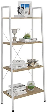 WOLTU Standregal Leiterregal Bücherregal mit 4 Ablagen, für Wohnzimmer, Schlafzimmer Regal (weiß + Hell Eiche, 60 x 35 x 148 cm)