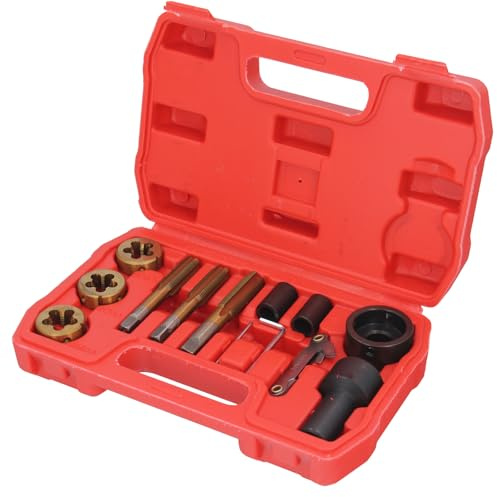 GEPCO Gewindereparatur Set 12-tlg. | M12x1.25, M12x1.5, M14x1.5 Gewindebohrer & Schneideisen | Werkzeug für Radbolzen & Radmuttern | inkl. Gewindelehre 12 Blätter (0.5–1.75, NPT27, BSP28) | Auto & KFZ