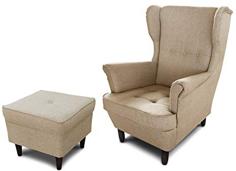Sofnet Ohrensessel Sessel King - Lounge Sessel mit Armlehnen - Retro Stuhl aus Stoff mit Holz Füßen - Polsterstuhl für Esszimmer & Wohnzimmer (Beige (Inari 26), mit Hocker)