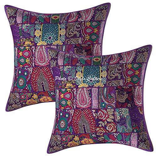 Stylo Culture Ethnicas Funda Almohadon Decorativos 60x60 cm Algodón Abstracto Fundas para Almohadones Sofa Morado 24x24 Inch Patchwork Vintage Cuadrado sobre Fundas Cojines Dormitorio - 2 Pcs