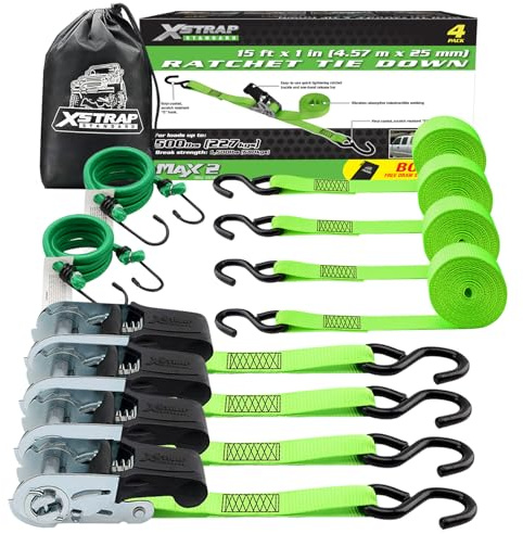 XSTRAP STANDARD 4 Pack 1 x 15Ft Ratchet Tie Down Straps - 500Lbs Load Cap, 1500Lb Break Strength, Includes 2 Bungee Cords for Moving Appliances & Motorcycle, Green