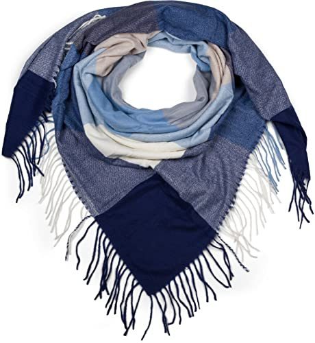 styleBREAKER Damen XXL Schal mit mehrfarbigem Karo Muster und Fransen, warmes Winter Tuch, Deckenschal 01017116, Farbe:Dunkelblau-Blau-Creme