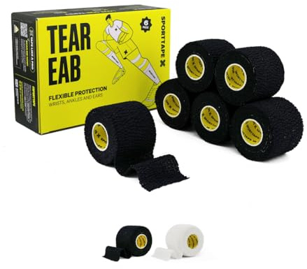 6 Rolls SPORTTAPE Tearable 5 cm x 4.5 m Elastic Adhesive Bandage EAB – Strong-Grip, Breathable Sports Tape | Rugby Lifting, Joint Support, Compression & Thumb Taping – Black