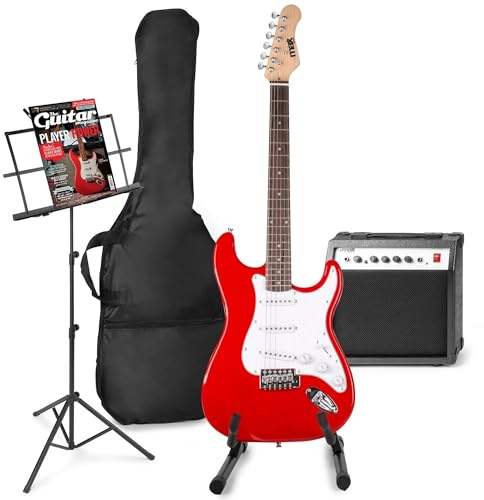 MAX GigKit E-Gitarre Set - Gitarrenverstärker 40 Watt, Elektrische Gitarrenset, Gitarrrenständer, Notenständer, Gitarrentasche, Stimmgerät, Instrumentenkabel, Gurt und Zubehör - Rot
