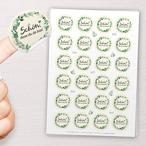48x Schön, dass du da bist Aufkleber GREENERY/EUCALYPTUS - Sticker zur Gestaltung von Hochzeit & Familienfeier: Ideal zur Tischdeko und Dekoration von Gastgeschenken (4cm rund, mattes Papier)