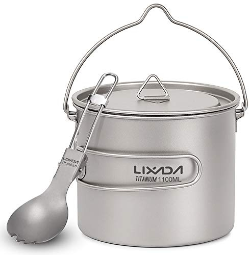 Lixa-da Titanium Tasse Camping Topf mit Deckel und faltbarem Spork, 750ml/900m/1100ml, Leichtgewicht Picknick Kochgeschirr, für Outdoor Camping Wandern Rucksack Picknick, 128g