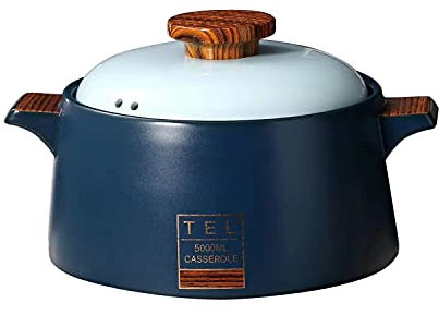 Zuppiera in ceramica rotonda in ceramica da cucina in ceramica con coperchio, resistente al calore, per confezione regalo (5 L, blu)