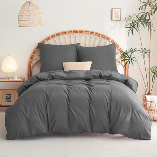 WAVVE Bettwäsche 240x260 3 teilig Anthrazit - Bettbezug 260 x 240 Set mit 2 Kissenbezügen 65x65 cm, Bettwäsche-Sets 240x260 cm aus Mikrofaser mit Reißverschluss Weich und Bügelfrei, Grau