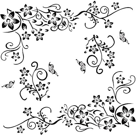 2 Stück Schwarz Wandtattoo Ornamente set für Wanddeko, Blumen Ranke Schmetterlinge Pflanzen Rebe Wandsticker Wandaufkleber Kleben Aufkleber Wandbilder für Wohnzimmer Schlafzimmer Vorraum Flur Fenster