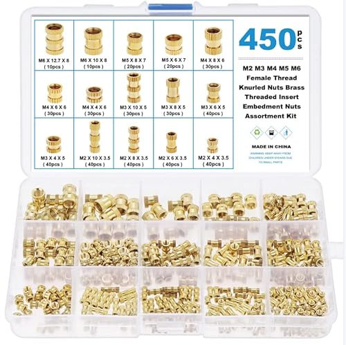 Faankiton 450Pz Inserti Filettati in Ottone, Dadi Filettati Zigrinati, 15 Taglie Dado Inserto Filettato M2 M3 M4 M5 M6 Dado a Inserto Dadi Zigrinati Ottone per Parti in Plastica di Stampante 3D