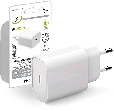 Caricatore Universale USB C 20W PHONIX Italia - Caricatore Rapido Type-C - Alimentatore Universale compatibile con Apple iPhone Samsung Xiaomi Huawei [NO Cavo]