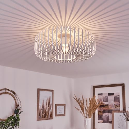 HOFSTEIN Deckenleuchte Wemude, runde Deckenlampe aus Metall in Weiß Wohnzimmer, Schlafzimmer, Moderne 1-flammige Lampe, Vintage Gitterlampe, E27-Fassung, Rund, Ø 40 cm, Retro-Leuchte, Lichteffekt