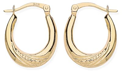 9ct Gold on Silver Oval Creole Hoop Earrings - Patterned