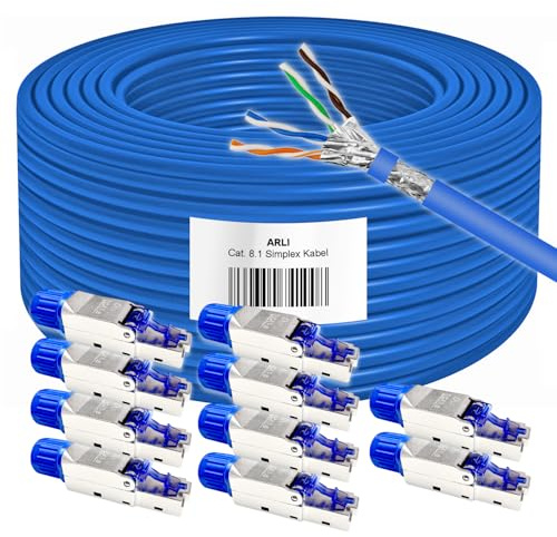 ARLI 100m Cat8.1 Verlegekabel + 10x RJ45 Netzwerkstecker Werkzeuglose Montage bis zu 40 Gbit/s & 2000 MHz S/FTP doppelt geschirmt LSZH halogenfrei PoE+ & Multimedia Ethernet Netzwerkkabel Cat8