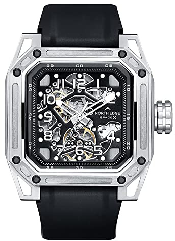 NORTH EDGE Automatic Mechanical Watch - Men's Skeleton Stainless Steel Silver Mechanical Watch Seagull Movement Ruby Crystal Wristwatch for Men Space X Series