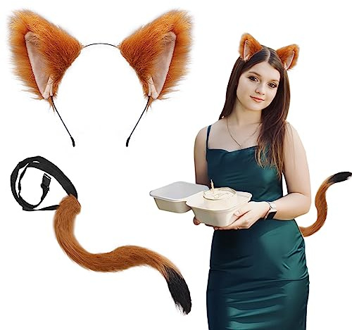 TSHAOUN Faschingskostüm, Fuchsohren Cosplay Set Fuchs Ohren Stirnband Fuchsschwanz für Halloween Fasching Karneval Party