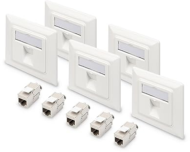 DIGITUS Set: 1-Port Netzwerkdose – 5 Stück – Mit 5x Cat6A Keystone-Modul – Auslass 45° Gewinkelt – Mit Rahmen zur Aufputzmontage – Weiß