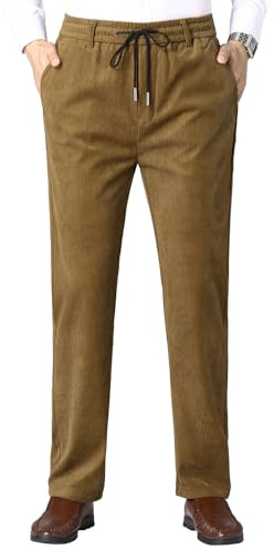 Yukirtiq Pantaloni da Uomo in Velluto a Coste Ufficio Pantaloni Eleganti Elasticizzato Pantaloni da Jogging Formale e Casual con Coulisse, Cachi, S