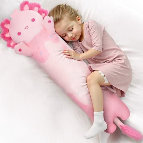 Mewaii Rosa axolotl plyschkudde, gosedjur och mjuk kramkudde, söt axolotl plyschleksak som sovkudde och kramleksak för barn, 110 cm