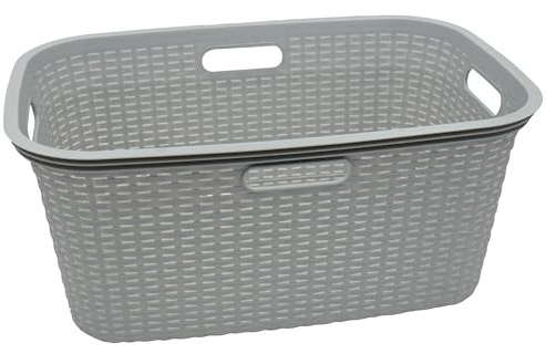 HRB Wäschekorb Plastik Rattan Optik, 40 L Wäsche Box Volumen, Wäschesammler mit 58,5 x 39 x 26 cm Außenmaß, Wäsche Sortierer groß, Aufbewahrungskorb (1, Hellgrau)