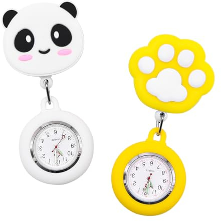Hsthe Sea 2 pièces Montre de Poche d'infirmière en Silicone, Montre de Poche d'infirmière au Design Griffes de Panda et de Chat, Montre de Poitrine d'infirmière (Jaune et Blanc)