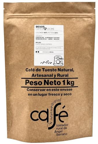 CAFÉ SIN INTERMEDIARIOS - Café de Colombia y Vietnam - Besos - Ideal para combinar con leche - Intensidad de sabor Media - Recién tostado y envasado - 1 kg MOLIDO para cafeteras Exprés