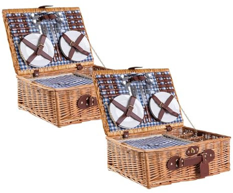 eGenuss 2 Handgefertigte Picknickkörbe für 4 Personen mit Kühlfach, Edelstahlbesteck, Porzellanteller, Weingläser, Salz- und Pfefferstreuer | BLAU