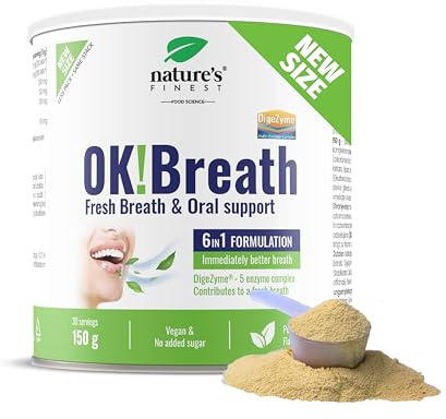 Nature's Finest OK!Breath, Trinkpulver 150 g | 6-in-1 mit Thymian, DigeZyme Enzymen, Ginseng, Ingwer, Calcium & Vitamin C - Zitrone-Minze-Geschmack