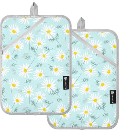KLL Pot Holders, 2 Pack Heat Resistant Potholder with Pockets Hot Pot Holders Oven Mitts, 9.8x7 Botanical Floral Daisy