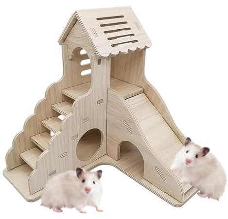 Maison en bois pour hamster | Abri à deux niveaux pour hamster et cochons d'Inde – Cage compacte pour hamster et hérisson