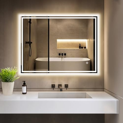 GIMBELEN Badspiegel mit Beleuchtung 80x60, LED Spiegel Bad 3 Lichtfarben, Dimmbar, Anti-Beschlag, Badezimmerspiegel mit Beleuchtung, Touchschalter, Explosionsgeschütztes Glas, IP44