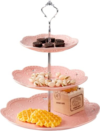 YBK Tech Présentoir à gâteaux en porcelaine à 3 étages avec motif dentelle en relief (rose, tige argentée)