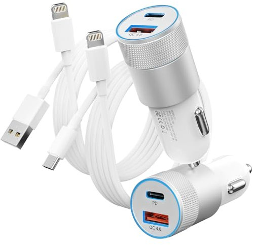 Fast Car Charger and Carplay Cable, 48W Dual Port USB A and USB C Car Charger Adapter with 2Pack High Speed Charging L ightning Cable for i Phone 14/14 Plus/14 Pro Max/14 Mini/11/SE/X, i Pad and More