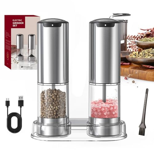 Cuteefun Molinillo Eléctrico de Sal y Pimienta, Recargable Molinillo Pimienta Electrico con Luz LED, Acero INOX Salero y Pimentero, Granulometría Ajustable, Automático Pimentero Electrico para Cocina