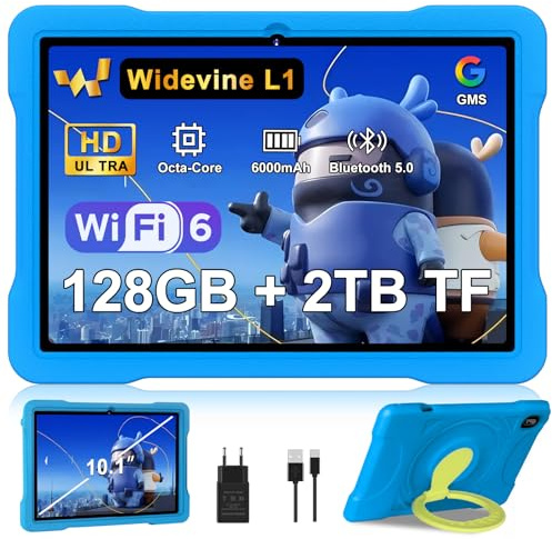 2026 Neueste Tablet 10 Zoll Android mit 5G WiFi 6,20 GB RAM+128GB ROM(TF 2TB), Octa-Core, Widevine L1, Pädagogische IWawa App, 6000mAh, Bluetooth 5.0, 1280 * 800, GMS, GPS, Tablet mit Eva Case - Blue