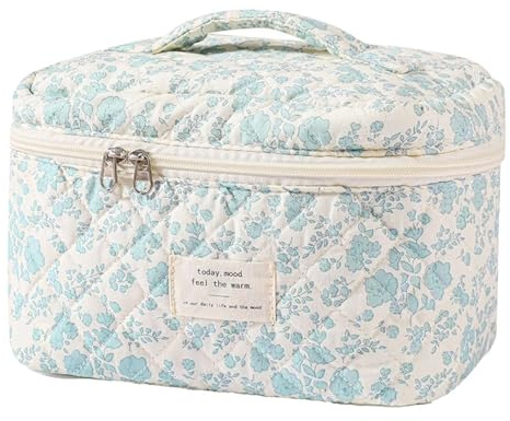 FDEETY Kosmetiktasche Damen Große Baumwolle Florale Schminktasche Kulturtasche Make Up Bag Cosmetic Bag Makeup Tasche für Reisen Blau