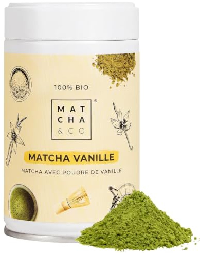 Matcha & CO | Té Matcha Original con Vainilla (80g) | Té Verde en Polvo Japonés Sabor Vainilla | Sin Edulcorantes, Azúcares ni GMO