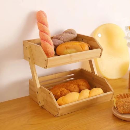 CHZIMADE 2-Tier Bamboo Fruit Basket Bowl Storage Holder Bread Vegetable Rack Snacks Kitchen Organiser Storage Office