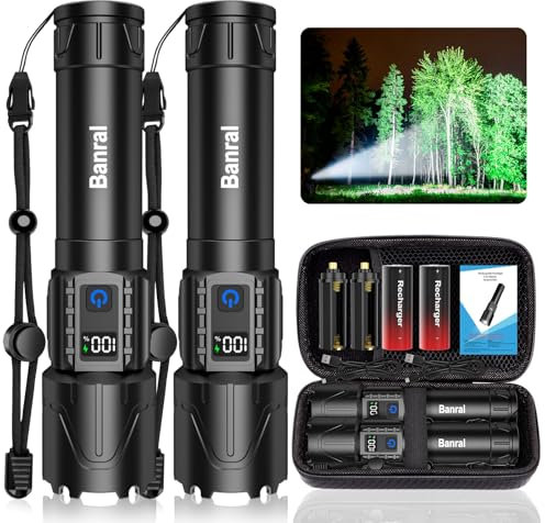 Banral Rechargeable Tactical Flashlights High Lumens - 5000mAh Super Bright LED Powerful Flash Light, Waterproof Handheld USB C Flashlight for Home,Car,Camping,Emergencies,5 Modes,Zoomable (2, Black)