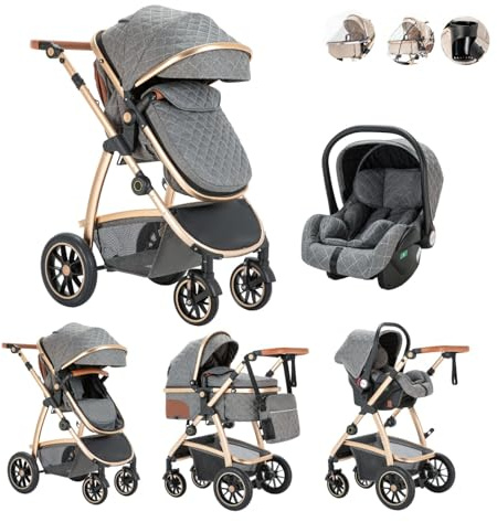 Kakbgee 3-in-1 Buggy Kinderwagen, Klappbar Reisebuggy mit ECE R129 Babyschale, Kinderwagen mit Höhenverstellbarem Griff, Kinderbuggy mit Aluminium-Rahmen, Stroller Baby mit Regenverdeck, für 0-4 Jahr