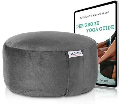 NAJATO Sports Yogakissen | Meditationskissen inkl. E-Book (PDF Datei) | Rundes Yoga Kissen mit Buchweizenschalen-Füllung | Waschbarer Bezug aus Samt | 30 cm Durchmesser, 14 cm hoch