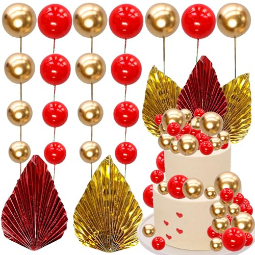 Ephlyn 28Pcs Paper Palm Fan Cake Topper Balls Cake Pick for Baby Shower Wedding Bridal Shower Birthday Party Cake Decorations Supplies Gold Red