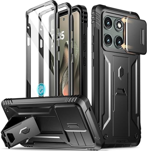 Poetic Revolution Case for Motorola Moto Edge 2025 [Not for 2024 Version], [Slide Camera Cover], Full-Body Military Grade Rugged Shockproof Cover with Kickstand and Built-in-Screen Protector, Black