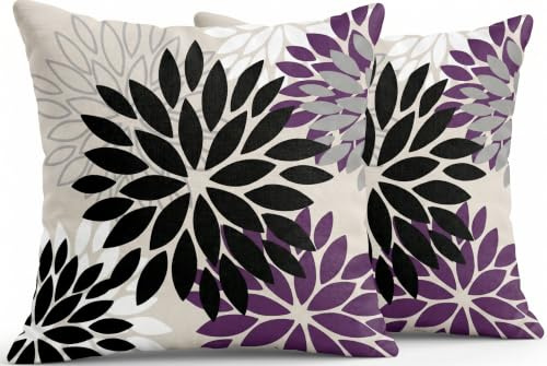 JANGYUHH Federa per cuscino 50x50 cm Motivo Moderno Dalia Cuscino Decorativo Bifacciale Motivo Fiori Nero Viola Cuscino Per Divano Lino Decorative Per Divano Giardino Soggiorno Set Di 2