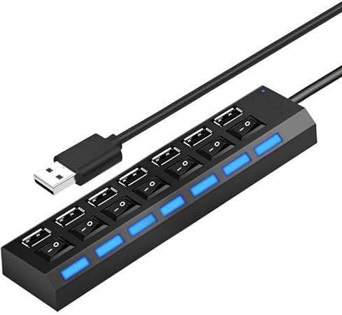 Hub USB 7 en 1, USB 2.0 Hub con Interruptor Multiplicador de Concentrador USB Alimentado con Puertos 5Gbps con Cable 55cm Compatible con PS4 PS5 MacBook Laptops PC