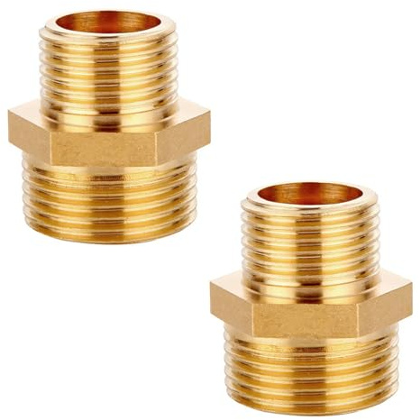 QZKJQDD 2 Pcs 1/2 Male to 1/4 Male BSP, Thread Brass Hex Nipple Connector, Hex Nipple Pipe Fittings, Thread Brass Reducer, Thread Connector for Pipe Connecting Conversion