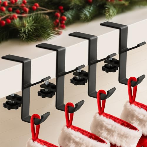 ANOEPUY 4 Pack Stocking Holders for Mantle for Christmas Decorations,2 in 1 Mantle Garland Holder for Hanging Christmas Stockings,No Drilling Required & Adjustable Garland Hanger, Metal(Black)