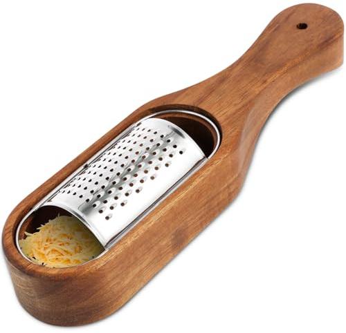 Fyeme Râpe à fromage avec récipient en bois et acier inoxydable amovible - Résistant à la corrosion - Belle pratique pour couper du fromage, du chocolat, du concombre, des carottes (avec poignée)