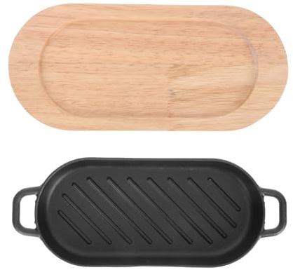 Ensemble d'assiettes à steak en fonte avec dessous de plat en bois pour barbecue, fruits de mer et plats frits, assiette de service Fajita