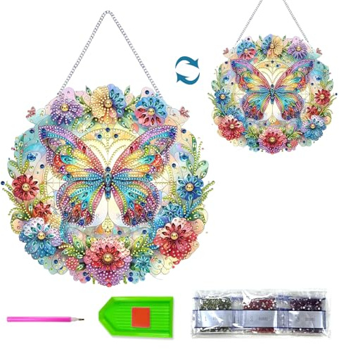 Diamantmålning, fönsterbilder, dubbelsidig, diamantmålning, hänge, lysande fjäril, diamantmålning, blommor, fönsterbilder, kedja, verktyg, hängande ornament för fönster, vägg